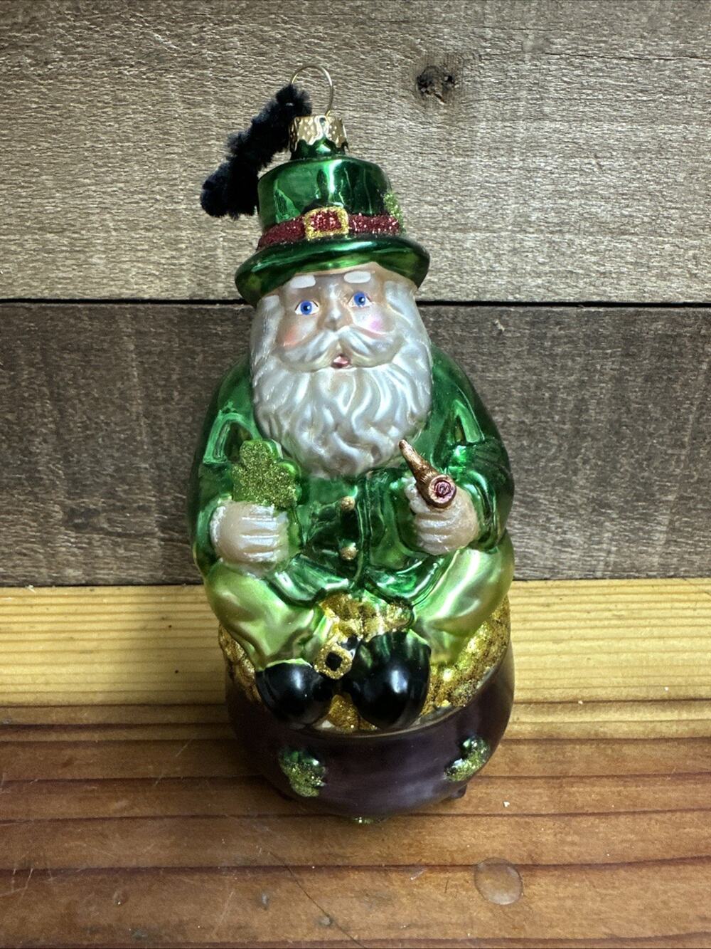 Leprechaun Sitting On Pot Of Gold Glass Ornament 6” Irish